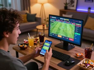 Socolive trực tiếp football streaming displayed on smartphone in a cozy home betting setup.
