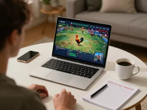 Watch exciting đá gà trực tiếp action on a laptop in a cozy home setting