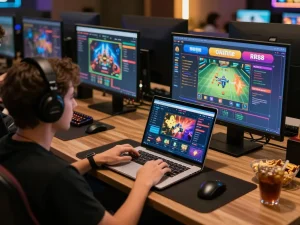 Engaging with RR88's online casino on laptop, showcasing dynamic gaming experience.