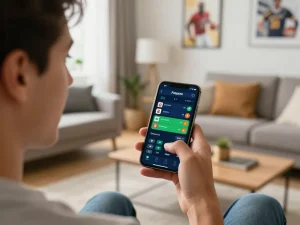 xem bóng đá trực tiếp hôm nay at home using smartphone for live sports betting, showcasing excitement and engagement in a modern setting