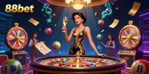 Engage with 88bet's vibrant online casino experience featuring a glamorous Asian woman amid lottery fun.