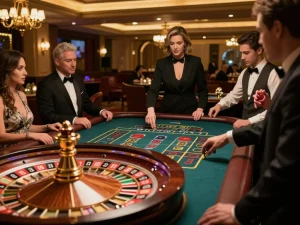 Engaging roulette gameplay at a casino highlighting Link 9BET with players placing bets.
