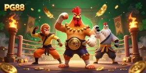 Engage in PG88's vibrant casino atmosphere with a dynamic 3D illustration featuring a Muay Thai rooster.