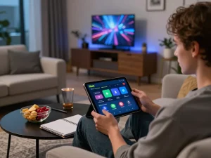 The user engaging with the 11bet app on a tablet in a cozy living room, emphasizing responsible gaming.