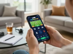 Engaging experience with the LU88 app featuring sports betting on smartphone in a cozy setting
