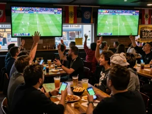 Xem bóng đá trực tiếp hôm nay in a lively sports bar atmosphere, patrons cheering as they place bets and enjoy the match.
