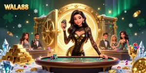 Experience high-stakes gaming with WALA88’s exclusive baccarat scene, showcasing glamour and golden treasures.