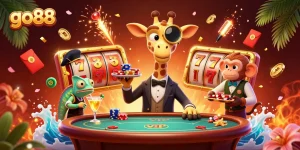 Experience the excitement of go88 with a high-roller giraffe at a VIP poker table surrounded by vibrant casino elements.
