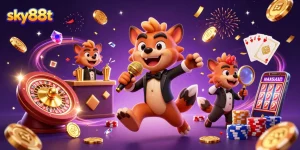 Catch the excitement at sky88t with hyenas enjoying comedy and casino thrills in a vibrant scene.