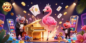 Experience the vibrant world of Mb 66 with casino elements and lively characters in a 3D illustration.