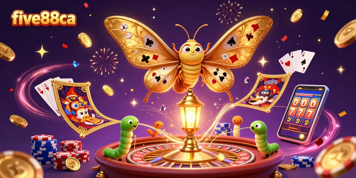 Win big at five88ca with detailed illustration of vibrant 3D casino elements and golden butterflies.