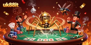 Experience thrilling gaming at uk88it with a dynamic scene of a steampunk spider and poker elements.