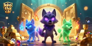 Engage with kèo nhà cái through this vibrant 3D illustration showcasing casino elements and spectral wolves.