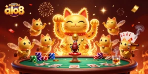 Experience the vibrant atmosphere of trang chủ alo8 with dynamic casino elements and a magical lucky cat.