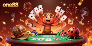 Experience thrilling gameplay at one88 with an exciting scene of a dealer and players engaged in a lively poker game.