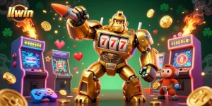 Engage with llwin's thrilling gaming experience, featuring a golden gorilla mech and vibrant carnival elements.