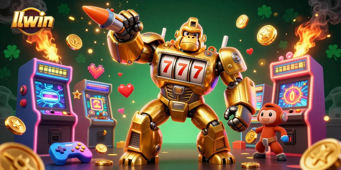 Engage with llwin's thrilling gaming experience, featuring a golden gorilla mech and vibrant carnival elements.
