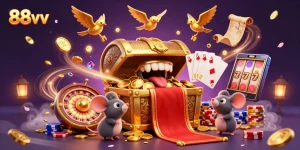 Engage in thrilling gameplay at 88vv with a vibrant 3D casino scene featuring treasures and excitement.