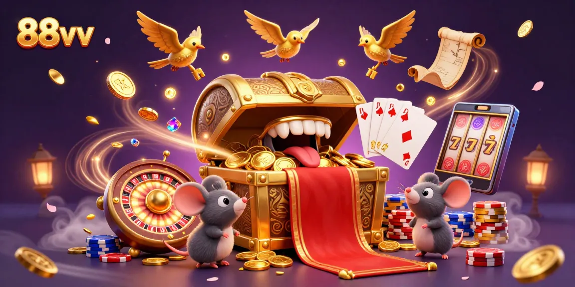 Engage in thrilling gameplay at 88vv with a vibrant 3D casino scene featuring treasures and excitement.