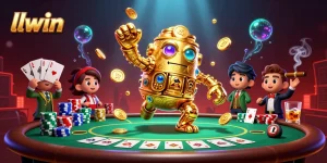 Experience llwin's exciting gambling atmosphere with golden golem and poker elements in a vibrant casino setting.