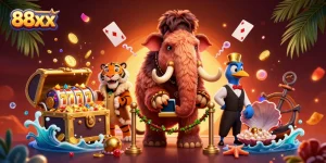 Exciting illustration featuring 88xx with a woolly mammoth bouncer, a saber-tooth VIP, and a dodo doorman amidst casino elements.