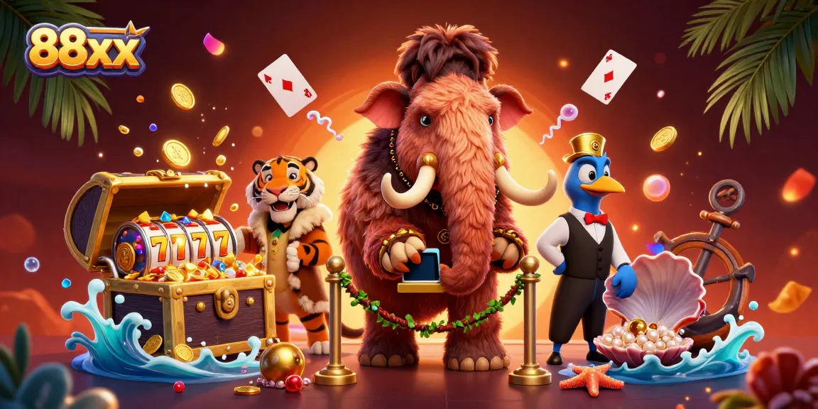 Exciting illustration featuring 88xx with a woolly mammoth bouncer, a saber-tooth VIP, and a dodo doorman amidst casino elements.