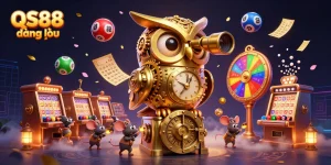 Join the excitement at QS88 đăng nhập with vibrant casino gameplay, golden owls, and animated lottery balls.